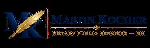 Martin Kocher Notary Public Services MN logo with gold feather and blue letter K
